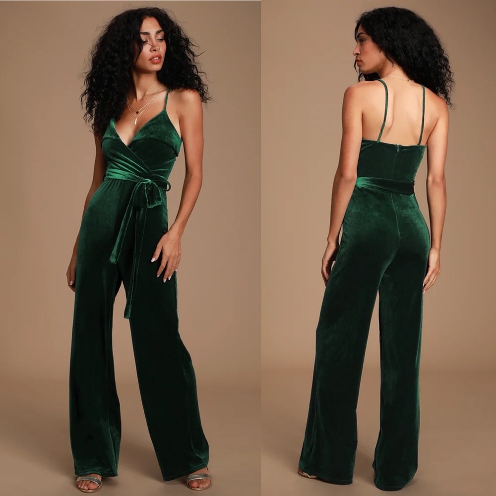 Kylinna Forest Green Velvet Sleeveless Wide-Leg Jumpsuit